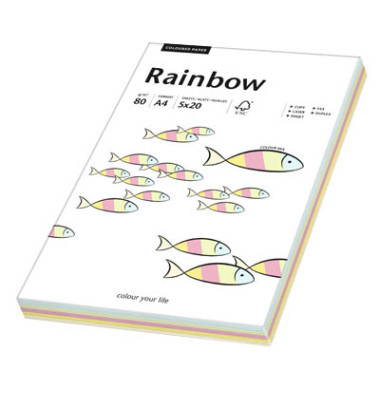 Rainbow Coloured Paper farbig sortiert pastell A4 80g Kopierpapier 5x 20 Blatt