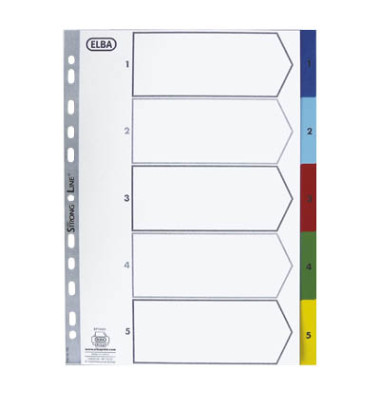 Kunststoffregister 02618, 1 bis 5, A4, 120µm, farbige Taben, 5-teilig + Deckblatt