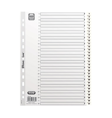 Kunststoffregister 400013948, 1 bis 31, A4, 150&micro;m, wei&szlig;e Taben, 31-teilig