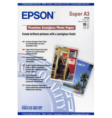 Fotopapier Premium Semigloss S041328, A3+, für Inkjet, 250g weiß seidenmatt einseitig bedruckbar