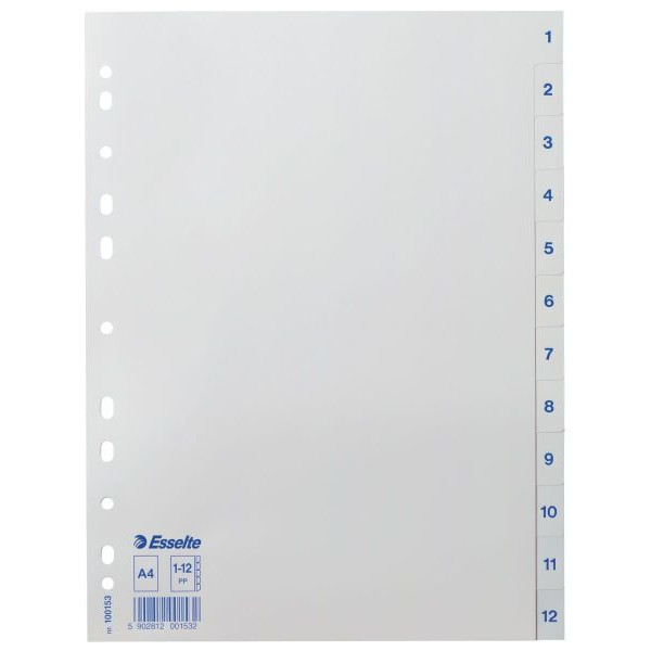 10 Stück Esselte Kunststoffregister 100153, 1 bis 12, A4, 120µm, weiße Taben, 12-teilig 5902812001532 Esselte