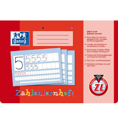 Zahlenlernheft 100050304, Lineatur ZL / kariert, A4 quer, 90g, rot, 16 Blatt / 32 Seiten