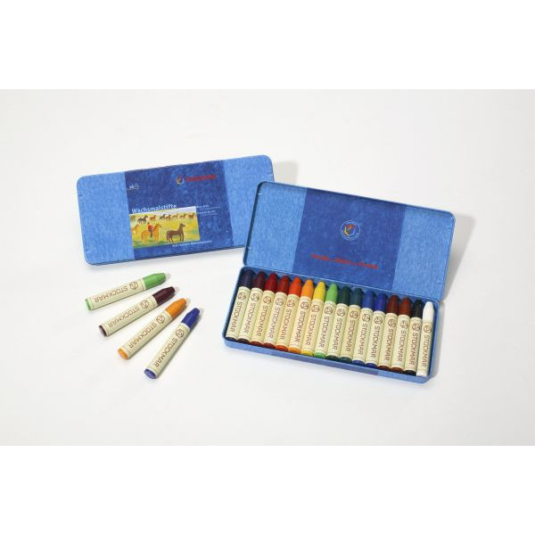 STOCKMAR Wachsmalstifte, 32000, karminrot/zinnoberrot/orange/goldgelb/zitronengelb/gelbgrün/grün/blaugrün/blau/ultramarinblau/blauviolett 16 Stück