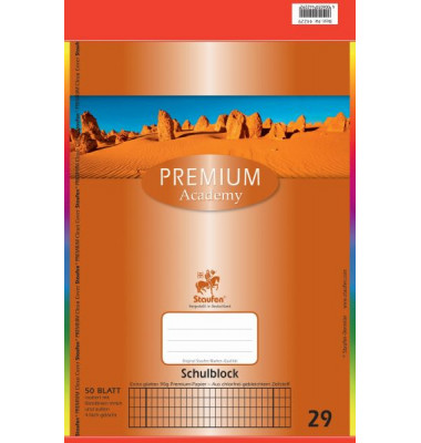 Schulblock 734044229 Premium Academy, Lineatur 29 / rautiert mit Rand innen/außen, A4, 90g, 50 Blatt