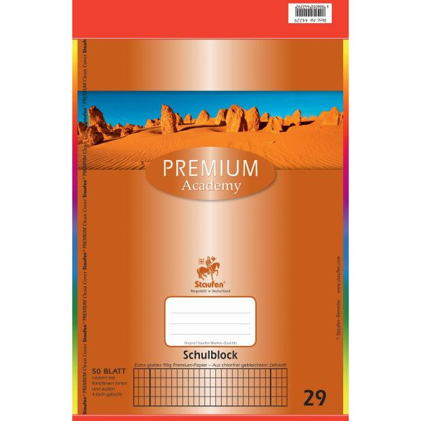 4006050442292 - Schulblock 734044229 Premium Academy Lineatur 29   rautiert mit Rand innen außen A4 90g 50 Blatt 4006050442292 Staufen