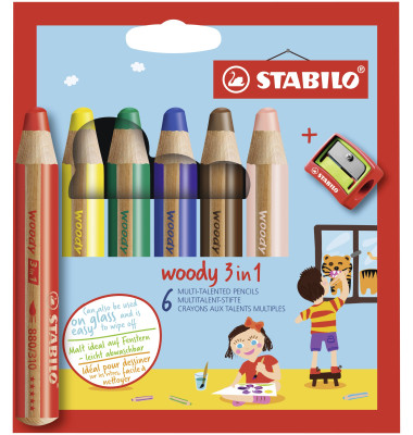Buntstifte-Set STABILO woody 3 in 1, 8806-2, 6-farbig sortiert, rund, jumbo, Packung