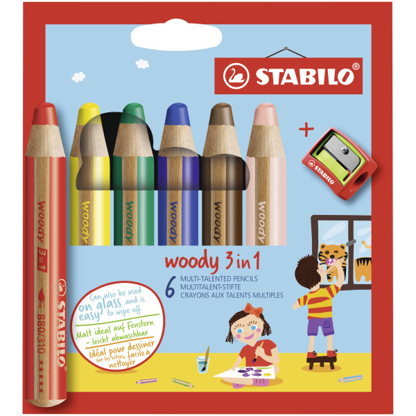 Stabilo Buntstifte-Set STABILO woody 3 in 1, 8806-2, 6-farbig sortiert, rund, jumbo, Packung 4006381346900 Stabilo 6 Stück