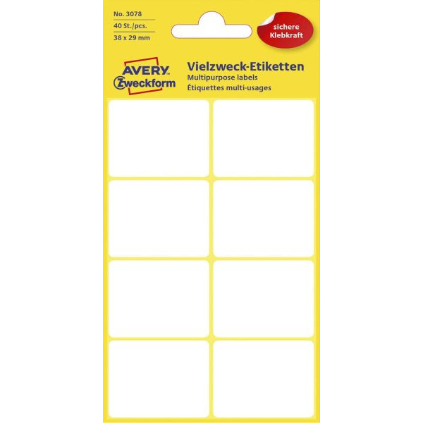 10 Stück AVERY Zweckform Etiketten 3078, weiß, 38x29mm, rechteckig 4004182030783 AVERY Zweckform 40 Stück