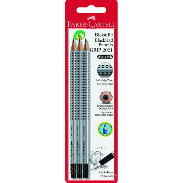 10 Stück Faber-Castell Bleistift-Set GRIP 2001, 117298, Härte HB, silbergrau, mit Radiergummi 4005401172987 Faber-Castell 3 Stück
