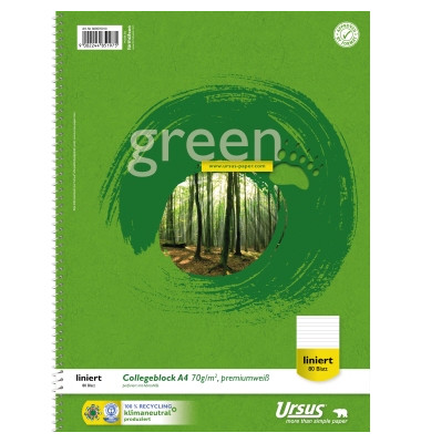 Collegeblock Green 608570010, A4 liniert, 70g 80 Blatt Recycling