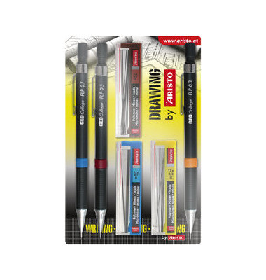 Druckbleistift-Set College Feinminenstift FLP 3 + 3 Set, AR23559, Härte HB, 0,3mm / 0,5mm / 0,7mm, schwarz, mit Radiergummi