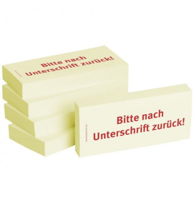 Haftnotizen bedruckt 1301010141, Business Haftnotizen 1301010141, 75x35mm (HxB), gelb, "Bitte nach Unterschrift zurück", rechtec