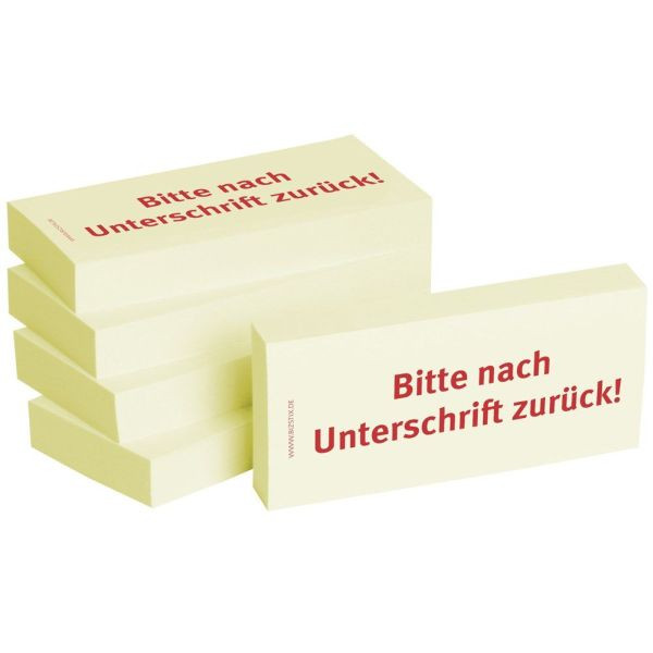 4260184863419 - Haftnotizen bedruckt 1301010141 Business Haftnotizen 1301010141 75x35mm (HxB) gelb Bitte nach Unterschrift zurück rechtec 500 Blatt