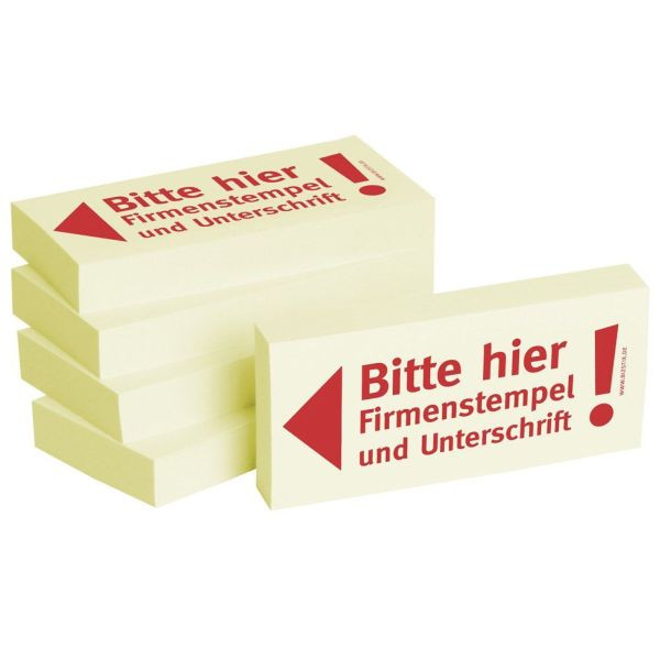 4260184863259 - Haftnotizen bedruckt 1301010125 Business Haftnotizen 1301010125 75x35mm (HxB) gelb Bitte hier Firmenstempel und Unterschrif 500 Blatt