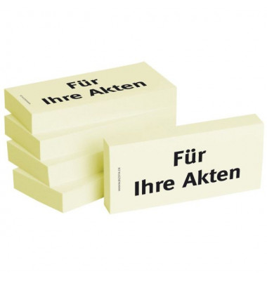 Haftnotizen bedruckt 1301010107, Business Haftnotizen 1301010107, 75x35mm (HxB), gelb, "Für Ihre Akten", rechteckig, "Für Ihre A