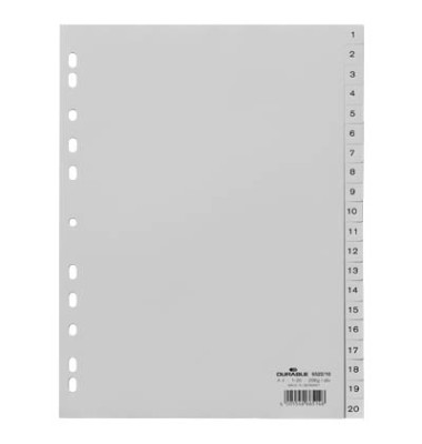 Kunststoffregister 652210, 1 bis 20, A4, 120µm, graue Taben, 20-teilig