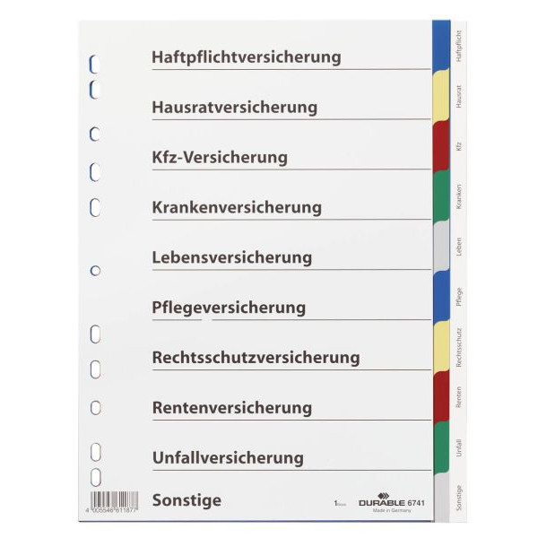 DURABLE Ordnerregister DIN A4 Vollformat blanko mit Deckblatt Versicherungen 2x blau, 2x gelb, 2x rot, 2x grün, 2x grau 10-teilig, 1 Satz