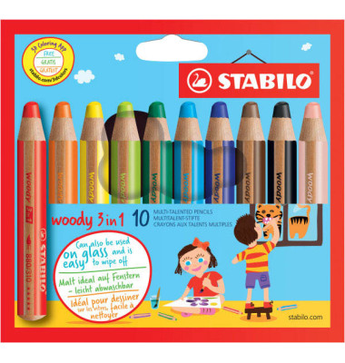 Buntstifte-Set woody 3 in 1, 880/10, 10-farbig sortiert, rund, jumbo, Packung