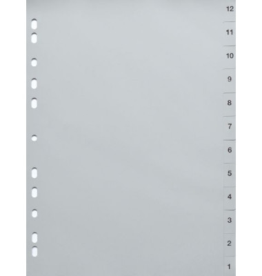 Kunststoffregister 24742, 12 bis 1, A4, 120µm, graue Taben, 12-teilig