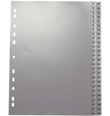 Kunststoffregister 1117, 1 bis 52, A4, 120µm, graue Taben, 52-teilig