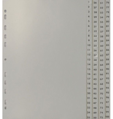 Kunststoffregister 24740, 1 bis 100, A4, 120µm, graue Taben, 100-teilig