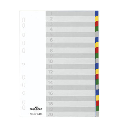 Kunststoffregister 675827, 20-teilig blanko, A4, 120µm, farbige Taben, 20-teilig