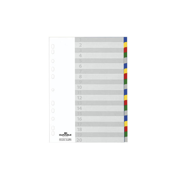 20 Stück Durable Kunststoffregister 675827, 20-teilig blanko, A4, 120µm, farbige Taben, 20-teilig 4005546600581 Durable