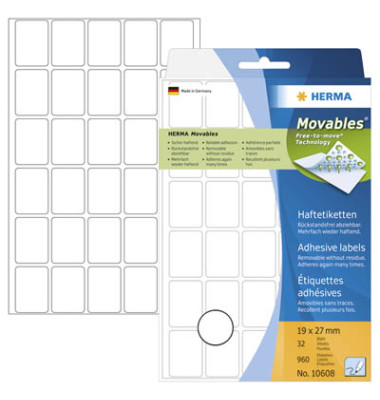 Etiketten Movables 10608, weiß 19x27mm, rechteckig, 
