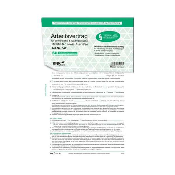 RNKVERLAG 542/10 - Arbeitsvertrag für gewerbliche Arbeitnehmer, DIN A4, selbstdurchschreibend, 10 Verträge