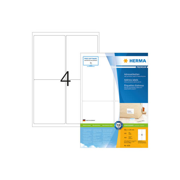 4008705042505 - HERMA Adressetiketten Premium A4 991x139 mm weiß Papier matt 400 St - Weiß - Selbstklebendes Druckeretikett - A4 - Papier - Laser Inkjet - Dauerhaft
