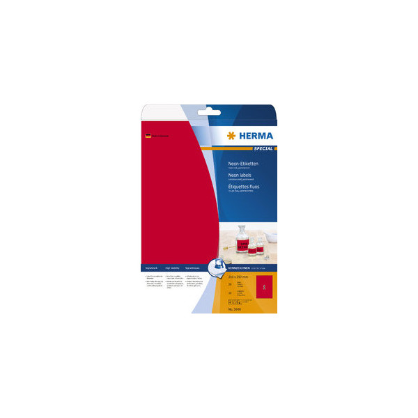 4008705050487 - HERMA Neonetiketten A4 210x297 mm neon-rot Papier matt 20 St - Rot - Selbstklebendes Druckeretikett - A4 - Papier - Laser Inkjet - Dauerhaft