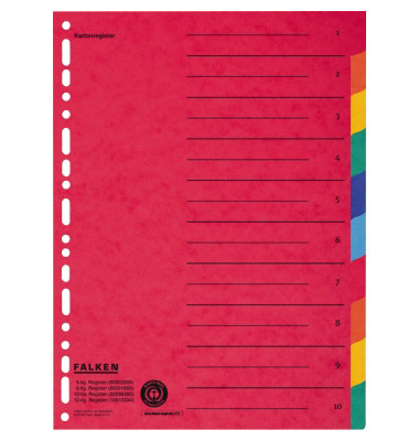 Kartonregister Farbregister 10-tlg 80086390, 10-teilig blanko, A4+, 220 g/m&sup2;, farbige Taben, 10-teilig