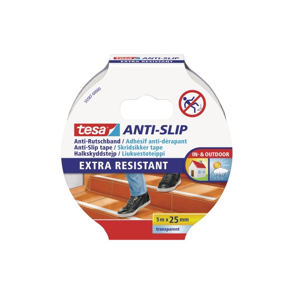 4042448101617 - Anti-Rutschband - Rutschfestes Klebeband für innen und außen - Für Treppen Leitern und glatte Böden - Transparent - 5 m x 25 mm - Tesa
