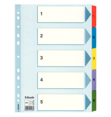 Kartonregister 100160, 1 bis 5, A4, 160 g/m², farbige Taben, 5-teilig