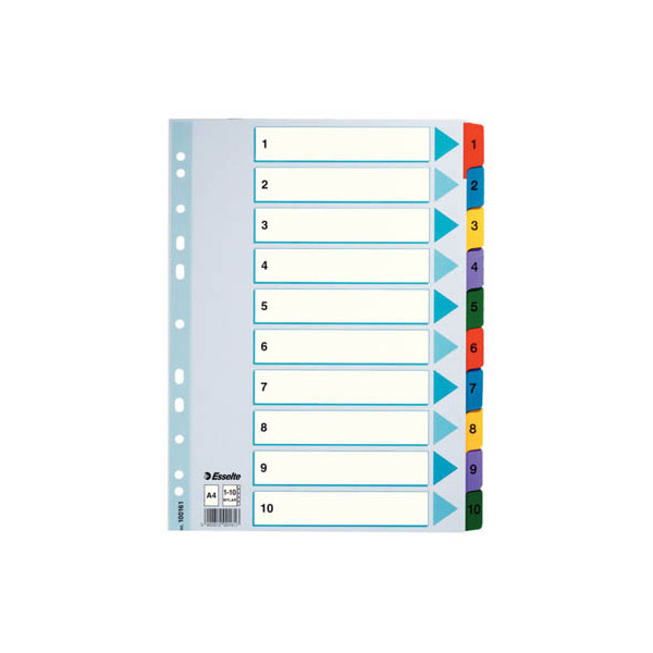 10 Stück Esselte Kartonregister 100161, 1 bis 10, A4, 160 g/m², farbige Taben, 10-teilig 5902812622133 Esselte