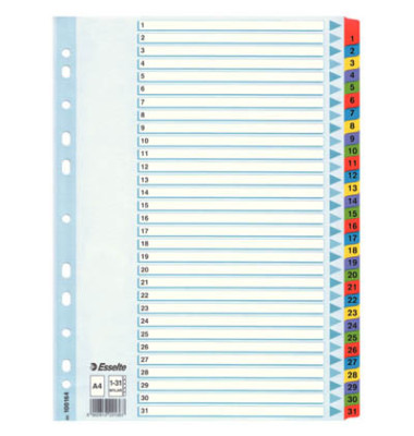 Kartonregister 100164, 1 bis 31, A4, 160 g/m², farbige Taben, 31-teilig