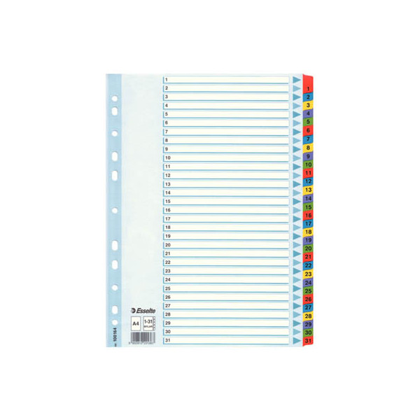 10 Stück Esselte Kartonregister 100164, 1 bis 31, A4, 160 g/m², farbige Taben, 31-teilig 5902812221367 Esselte