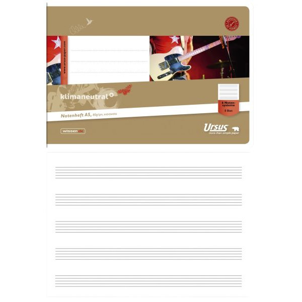 9002244555972 -  Notenheft 040508006 Notenlinien   6 Zeilen ohne Hilfslinien A5 quer 80g sand 8 Blatt   16 Seiten 9002244555972 Ursus