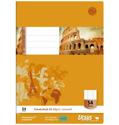 Vokabelheft 040540054, Lineatur 54 / 54: liniert, 2 Mittelstriche, A5, 70g, organge, 40 Blatt / 80 Seiten