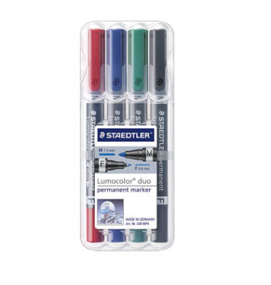 Permanentmarker-Set Lumocolor duo, 348 WP4, Pack, 4-farbig sortiert, 0,6-1,5mm Rundspitze/doppel
