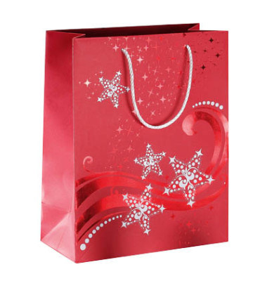 Geschenktasche GT108 Wave, Weihnachten, Small, Wave mit Rot- Weißprägung,farbig abgestimmte Tragekordel , Sterne, 17,5cm x 23cm