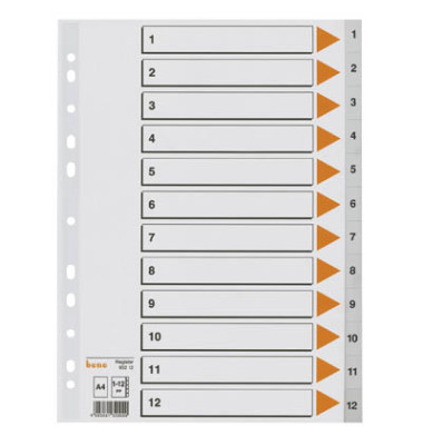 Kunststoffregister 93212, 1 bis 12, A4, graue Taben, 12-teilig