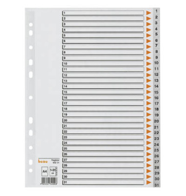 Kunststoffregister 93231, 1 bis 31, A4, 120µm, graue Taben, 31-teilig