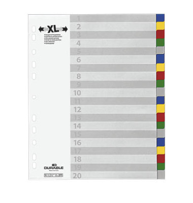 Kunststoffregister 675927, 20-teilig blanko, A4+, 120µm, farbige Taben, 20-teilig