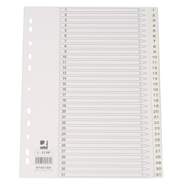 Q-connect Kunststoffregister KF00180, 1 bis 31, A4, 120µm, weiße Taben, 31-teilig 5705831001800 Q-connect
