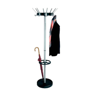 Garderobenständer Public Classic 6277, mit 16 Haken, mit Schirmständer, mit Hutablage, Metall, silber, schwarz