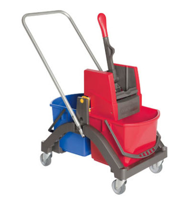 Profi-Reinigunswagen Plus mit zwei 17-Liter-Eimern und Presse rot/blau Profi-Reinigunswagen Plus mit zwei 17-Liter-Eimern und Presse rot/blau