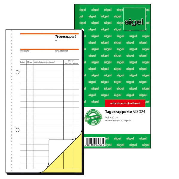 20 Stück Sigel Formularbuch Rapport/Tagesrapport Nr. SD024 10,5 x 20,0 cm 2-fach 4004360972935 Sigel