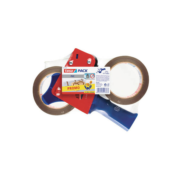 4042448093363 - Pack Extra Strong und Handabroller im Set mit 2 besonders reißfesten PVC-Klebebändern - Braun - 66 m x 50 mm - rot   blau braun - Tesa