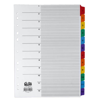 Kartonregister Mylar 083-0464-009, 1 bis 12, A4, 170 g/m&sup2;, farbige Taben, 12-teilig